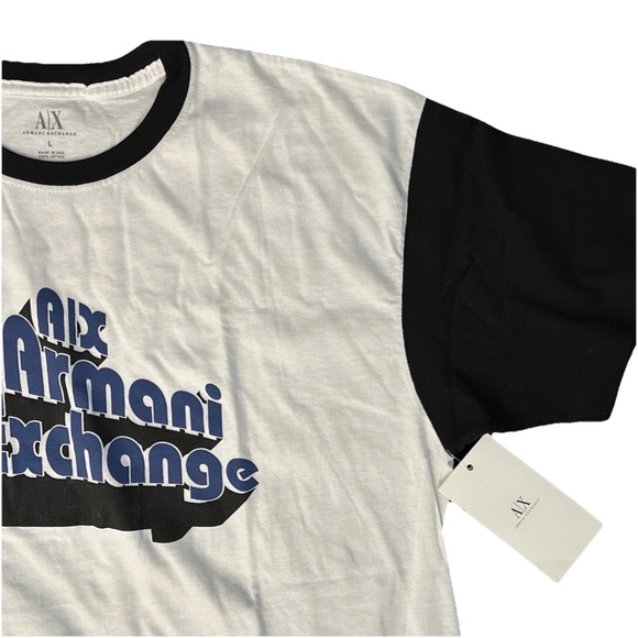 Armani Exchange Men's Large White T-Shirt with Black Sleeves & Blue Letter Logo - Picture 3 of 9